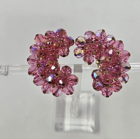 VINTAGE ALICE CAVINESS PINK CRYSTAL CLUSTER COMMA CLIP ON EARRINGS WOMEN JEWELRY - Picture 6 of 13